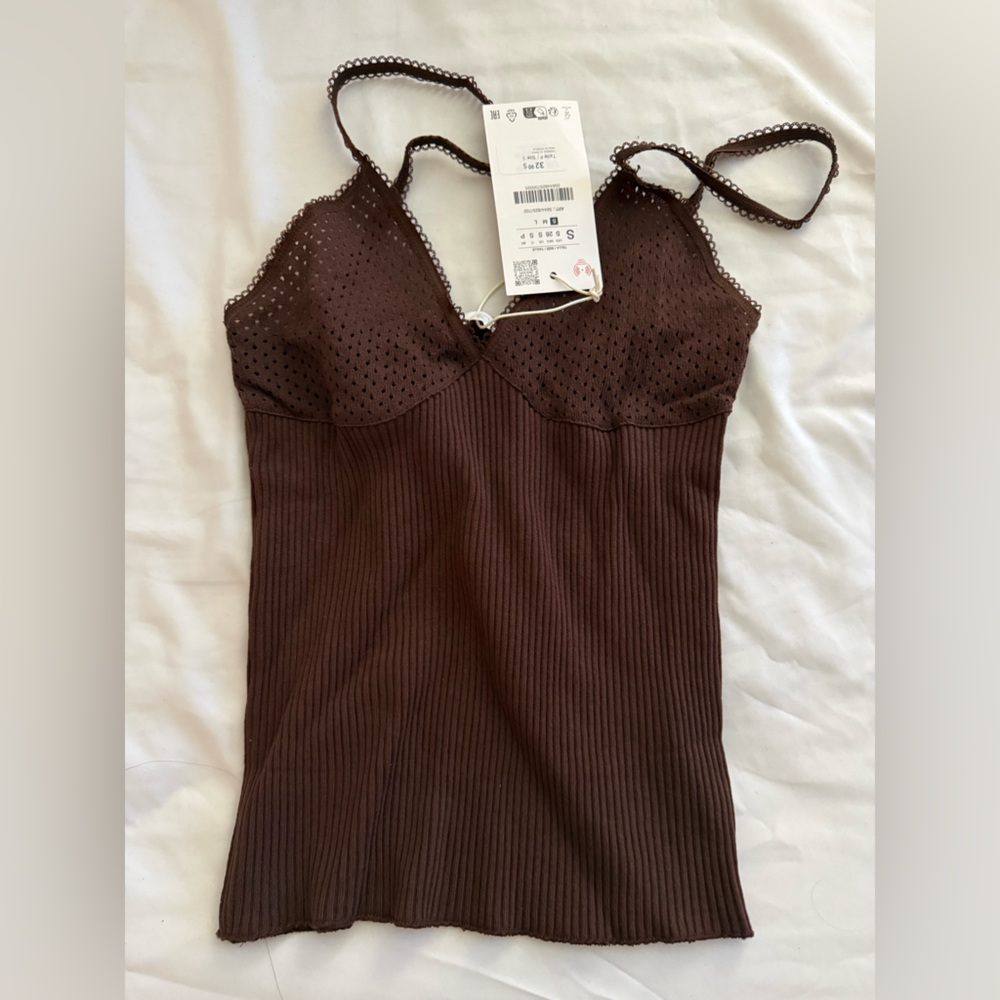 Zara Brown Pointelle Top